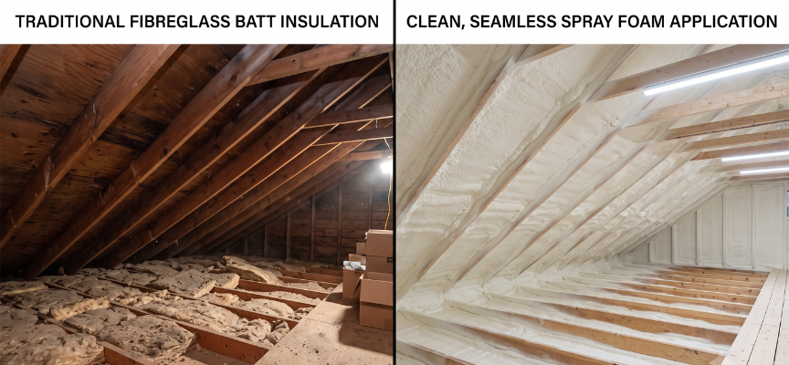 Comparison of traditional fibreglass attic insulation and closed-cell spray foam insulation showing improved thermal performance and air sealing for Edmonton homes during summer.