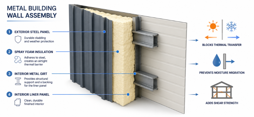 Insulation contractors applying closed-cell spray foam inside a commercial metal building.
