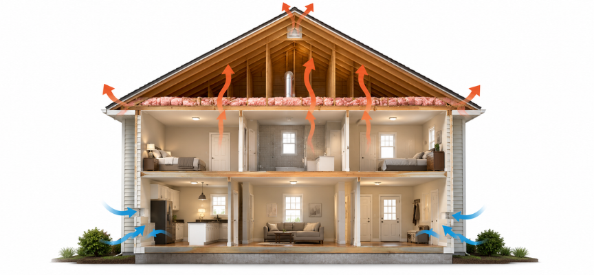 Cross-section of a home illustrating warm air escaping through the attic while cold air enters through lower levels due to the stack effect.