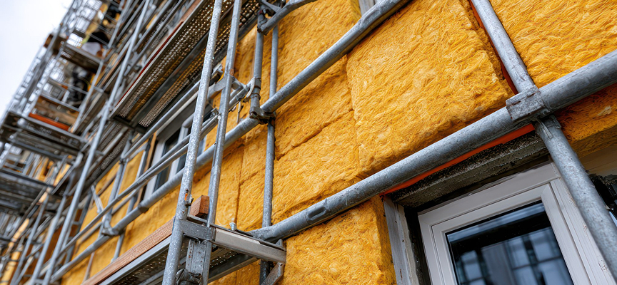 Exterior scaffolding erected against a commercial building exterior lined with thick yellow mineral wool commercial insulation boards.